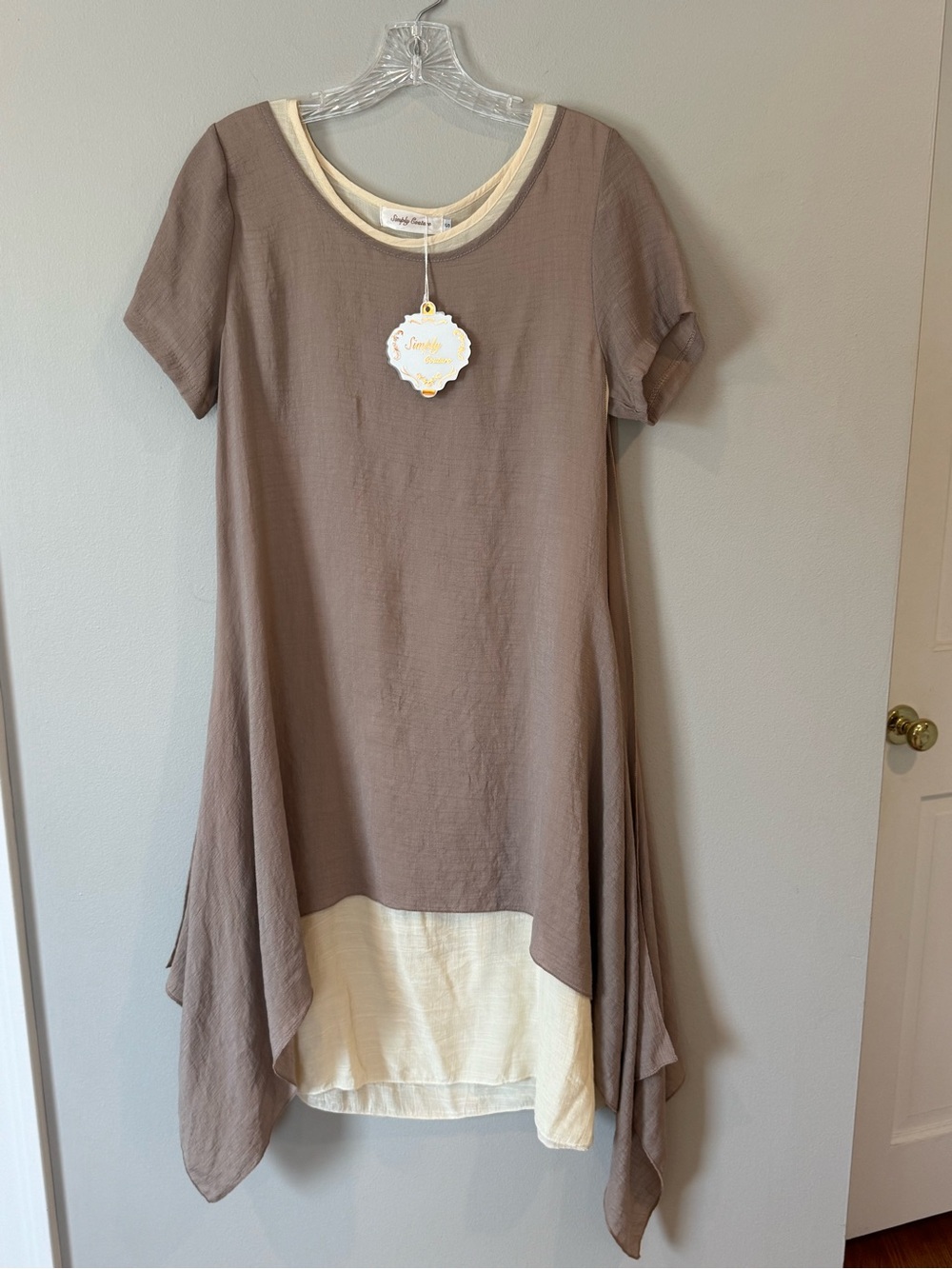 Simply Couture Beige Boho Layered Flowy Short Sleeve Light Tunic Dress Small